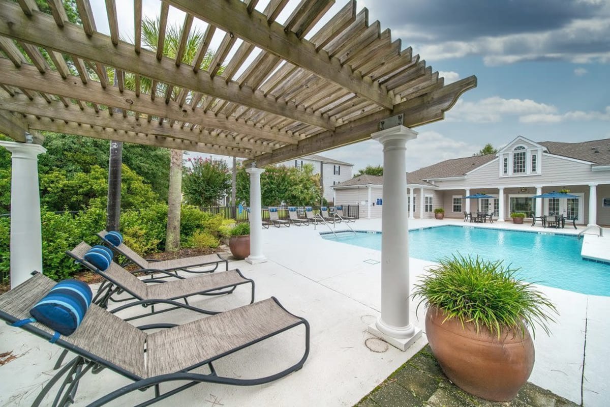 Poolside seating at Oakbrook Village in Summerville, South Carolina