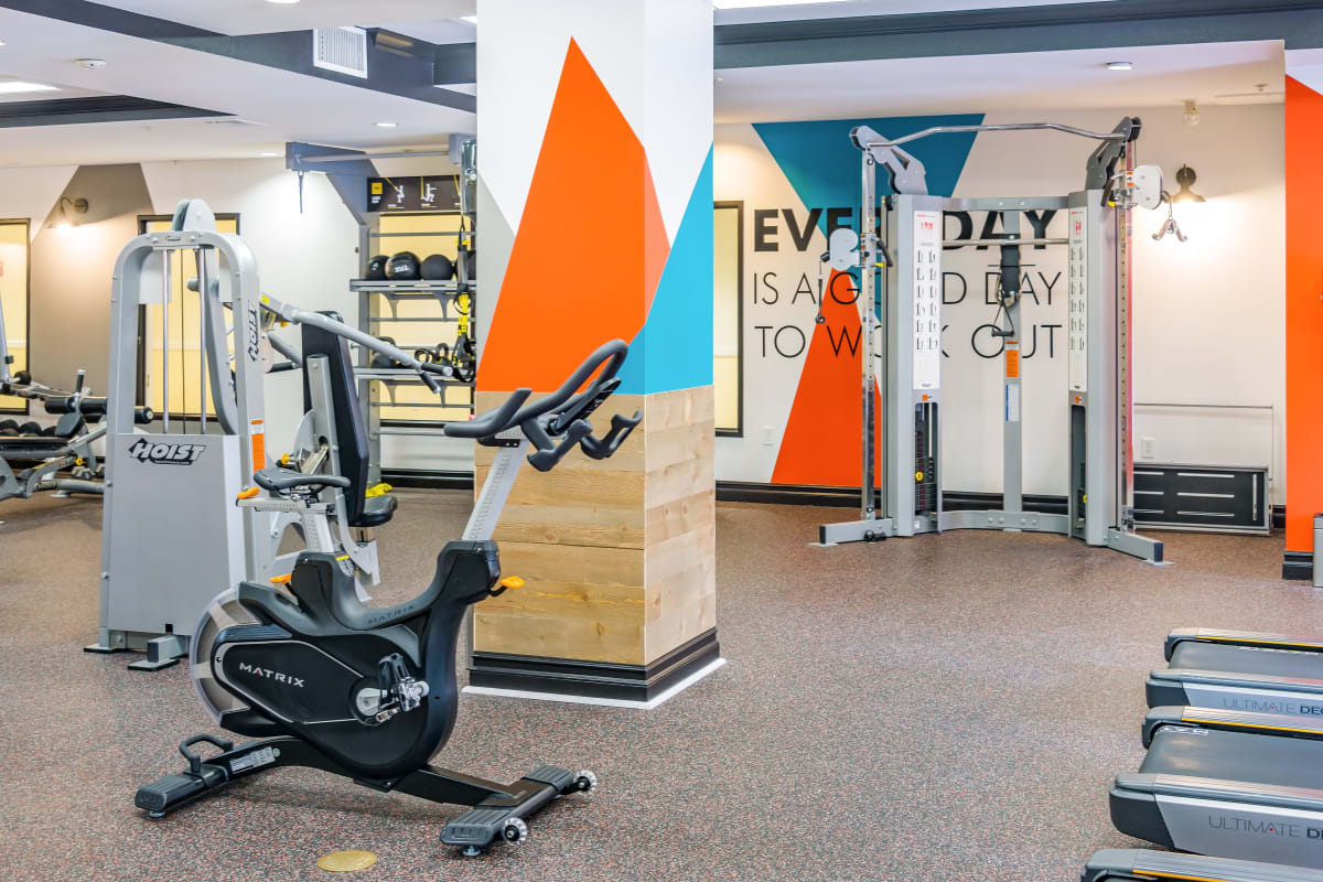 Fitness room with modern equipment at Playa Del Oro, Los Angeles, California