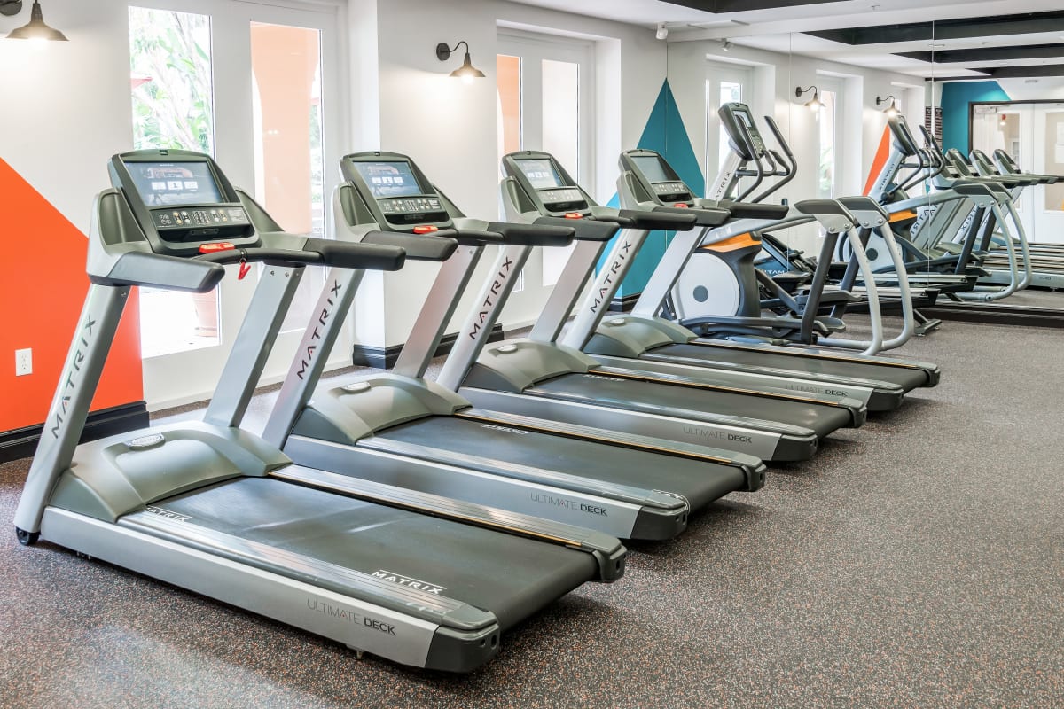 Fitness room with treadmills at Playa Del Oro, Los Angeles, California