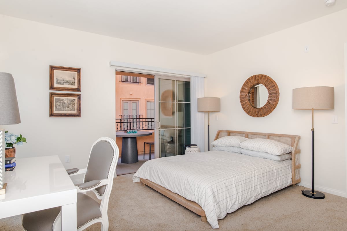 Spacious bedroom in model apartment at Playa Del Oro, Los Angeles, California