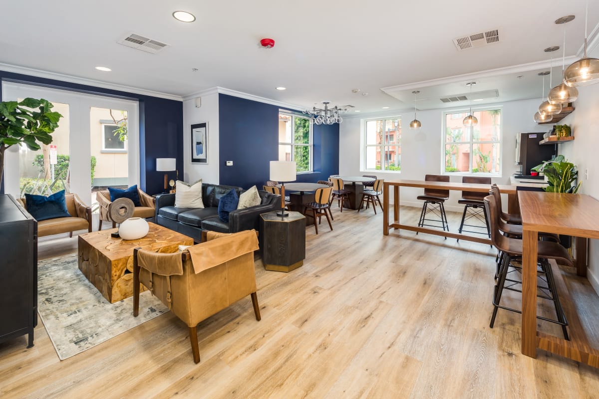 Luxury resident clubhouse with wood-style flooring at The Retreat at Bothell, Bothell, Washington