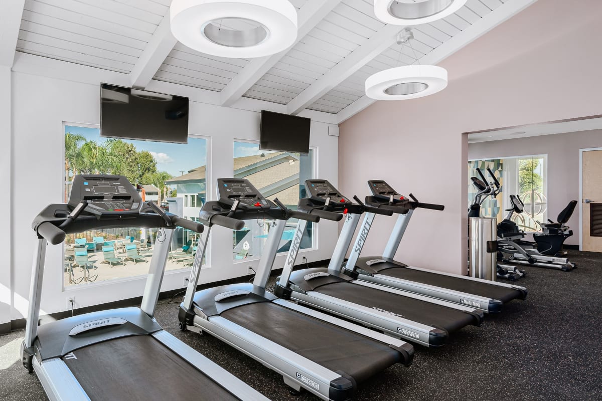 Fitness center showcasing treadmills at Reserve at South Coast in Santa Ana, California