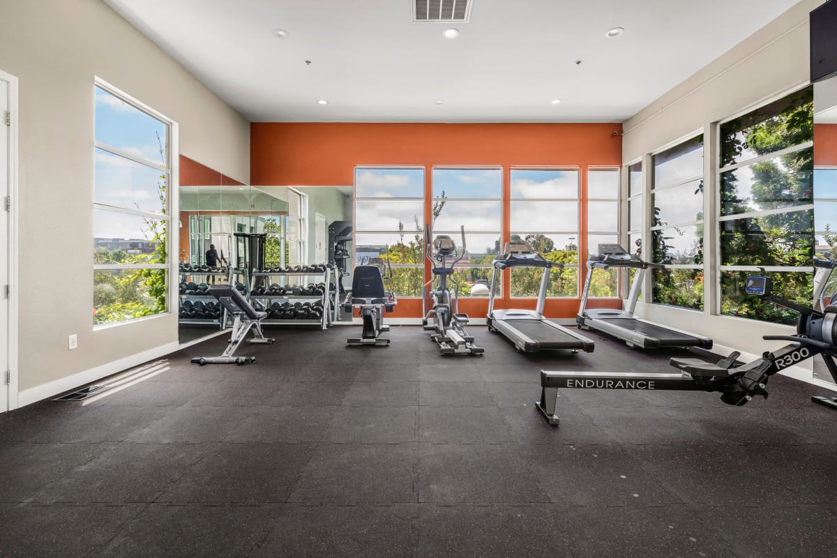 Fitness center with a view at The Bridge at Emeryville in Emeryville, California