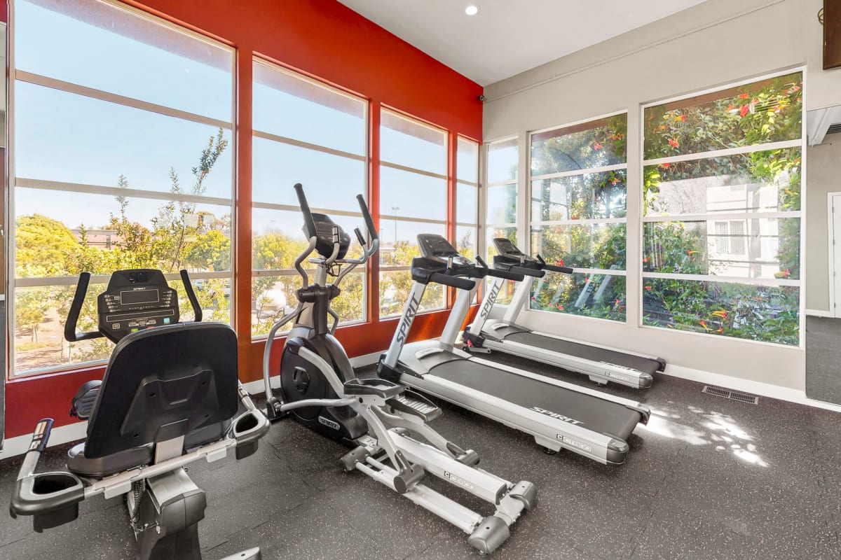 Fitness center with cardio equipment at The Bridge at Emeryville in Emeryville, California