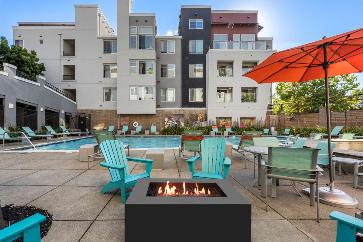 Seating area with swimming pool at The Bridge at Emeryville in Emeryville, California