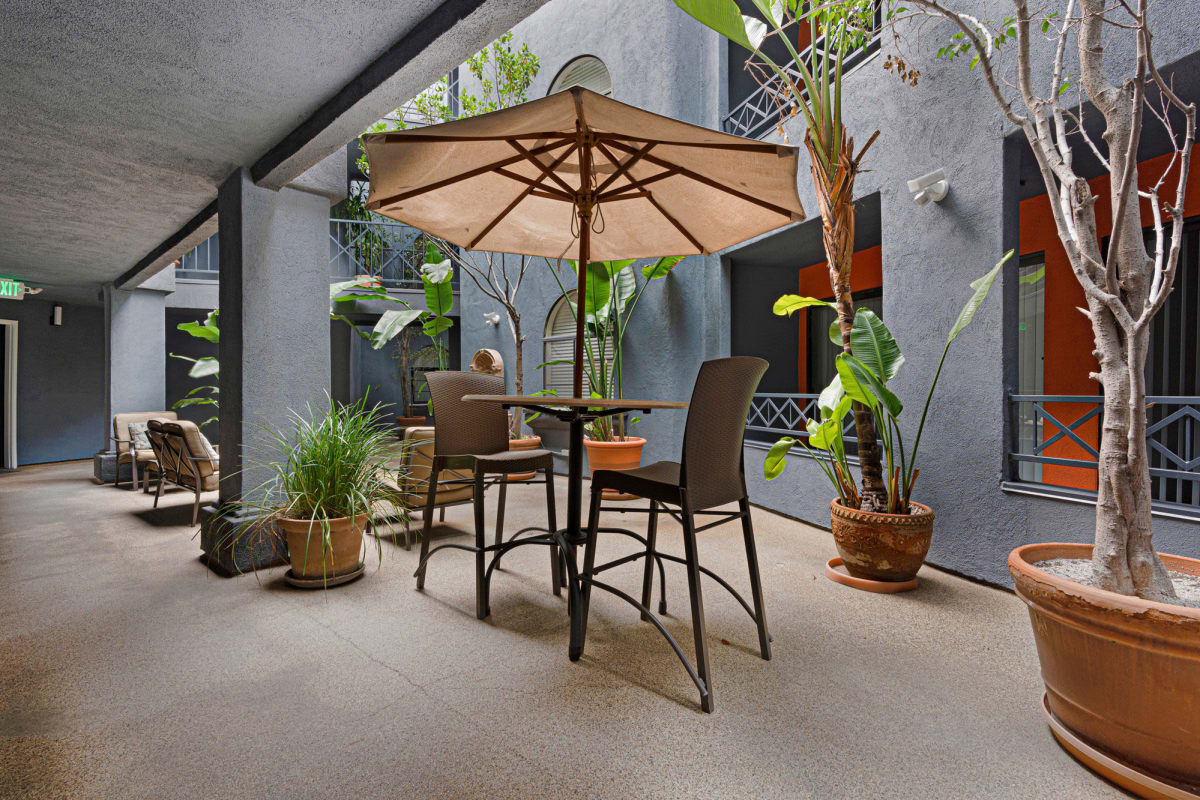 Courtyard with umbrella at The Jeremy in Los Angeles, California