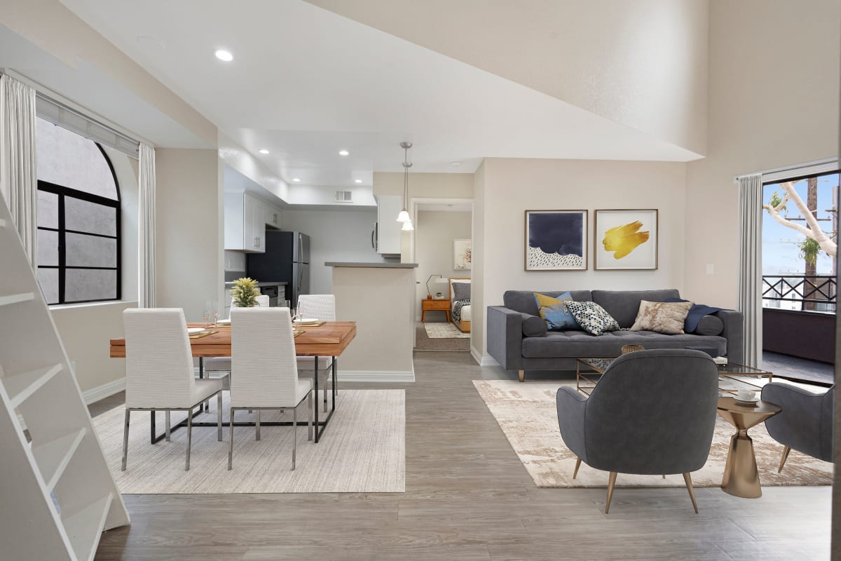 Model living space with white accents at The Jeremy in Los Angeles, California