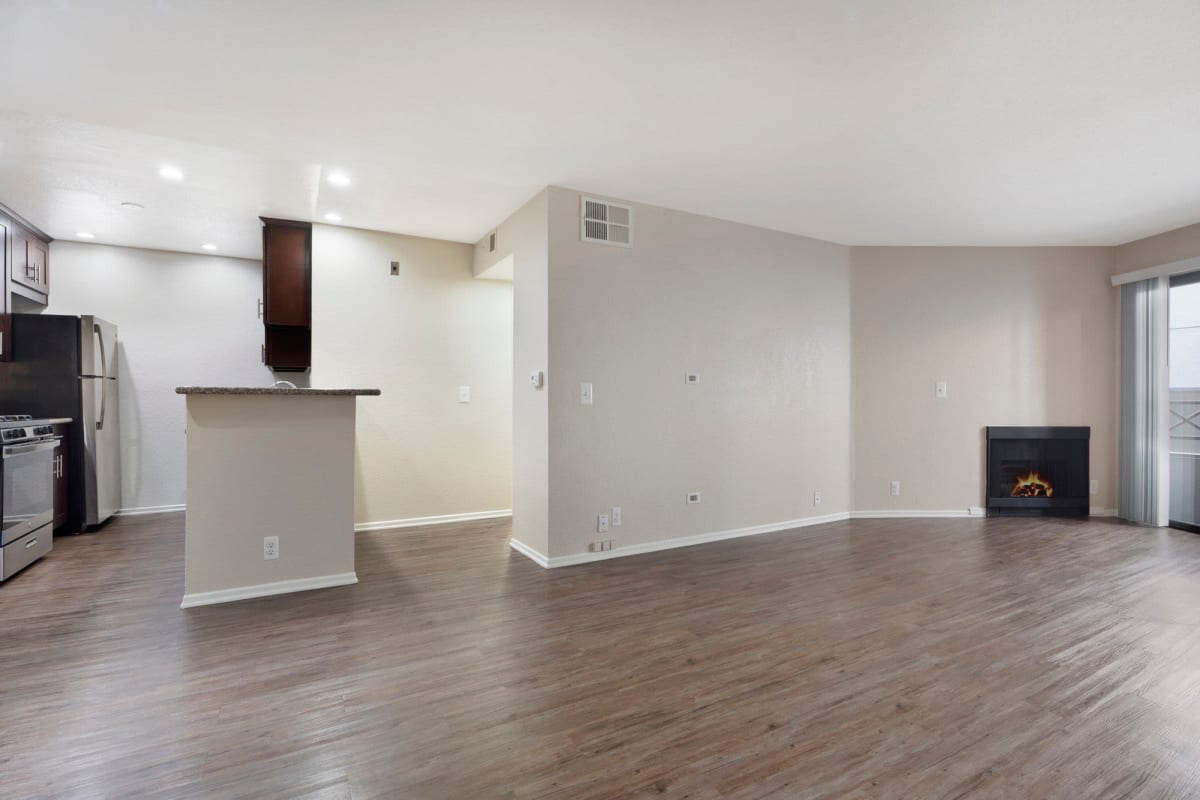 Living space with fireplace at The Jeremy in Los Angeles, California