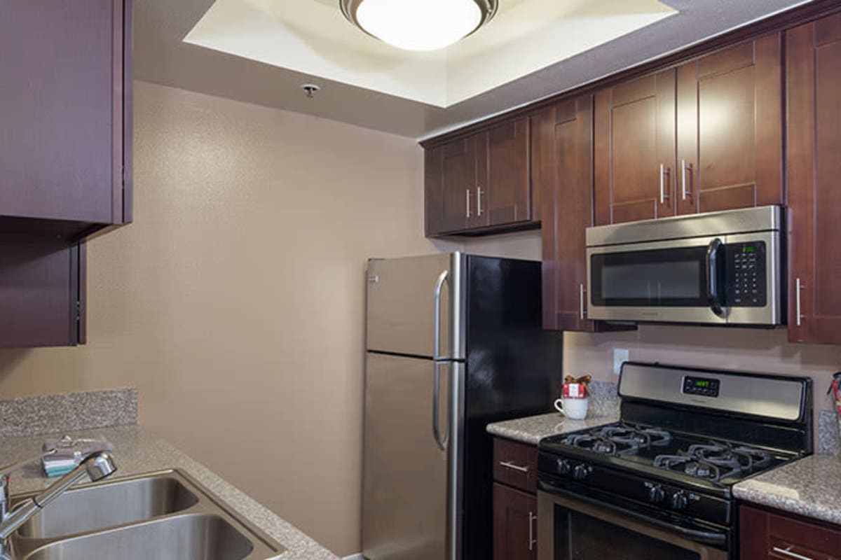 Kitchen with wood cabinets and stainless-steel appliances at The Joshua Apartments, Los Angeles, California