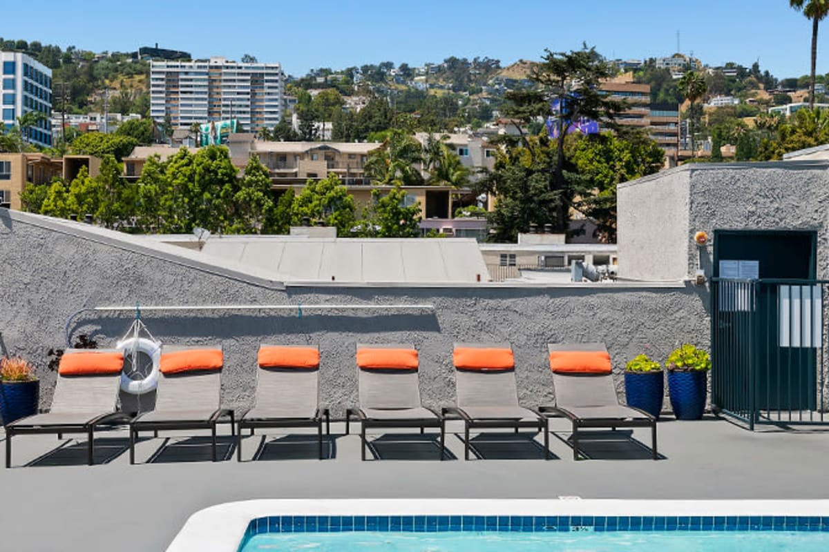 Poolside chairs at Villa Francisca in West Hollywood, California