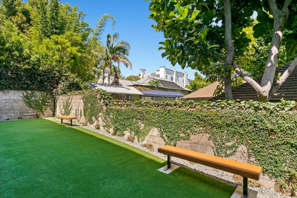 Garden bench near Villa Francisca in West Hollywood, California