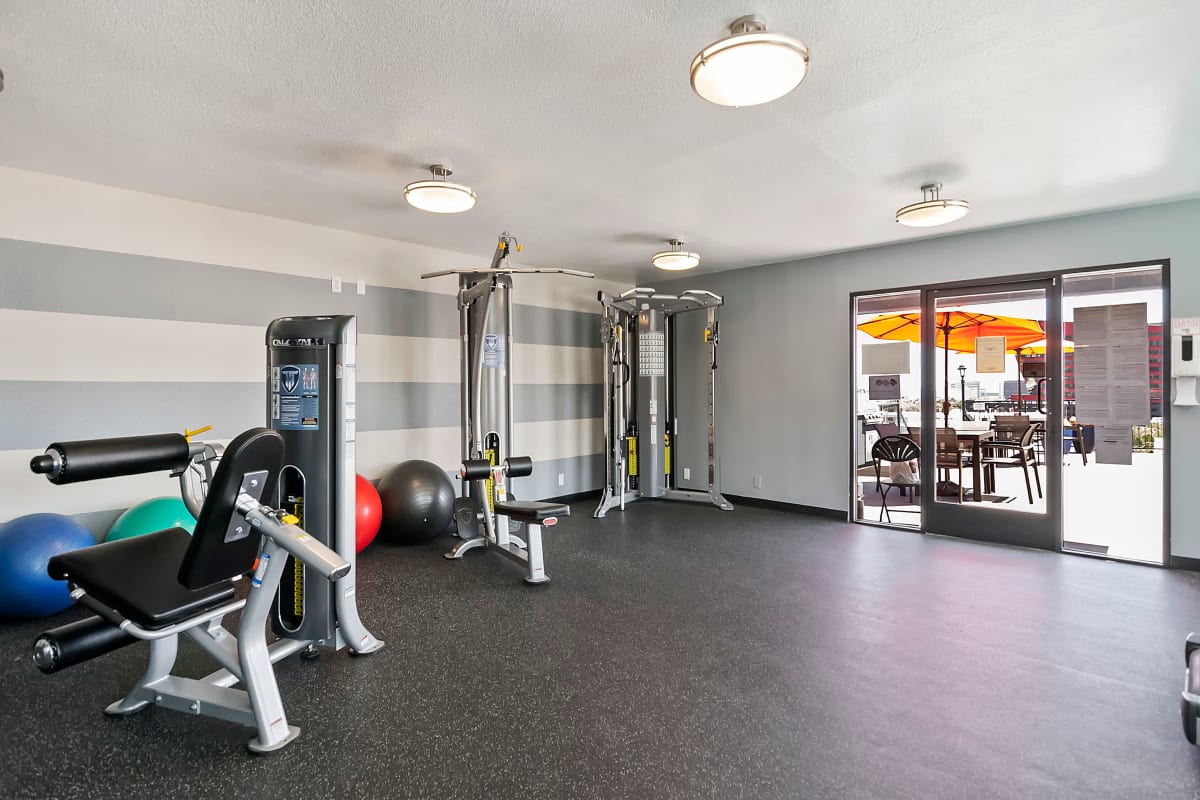 Resident fitness center at Villa Francisca in West Hollywood, California