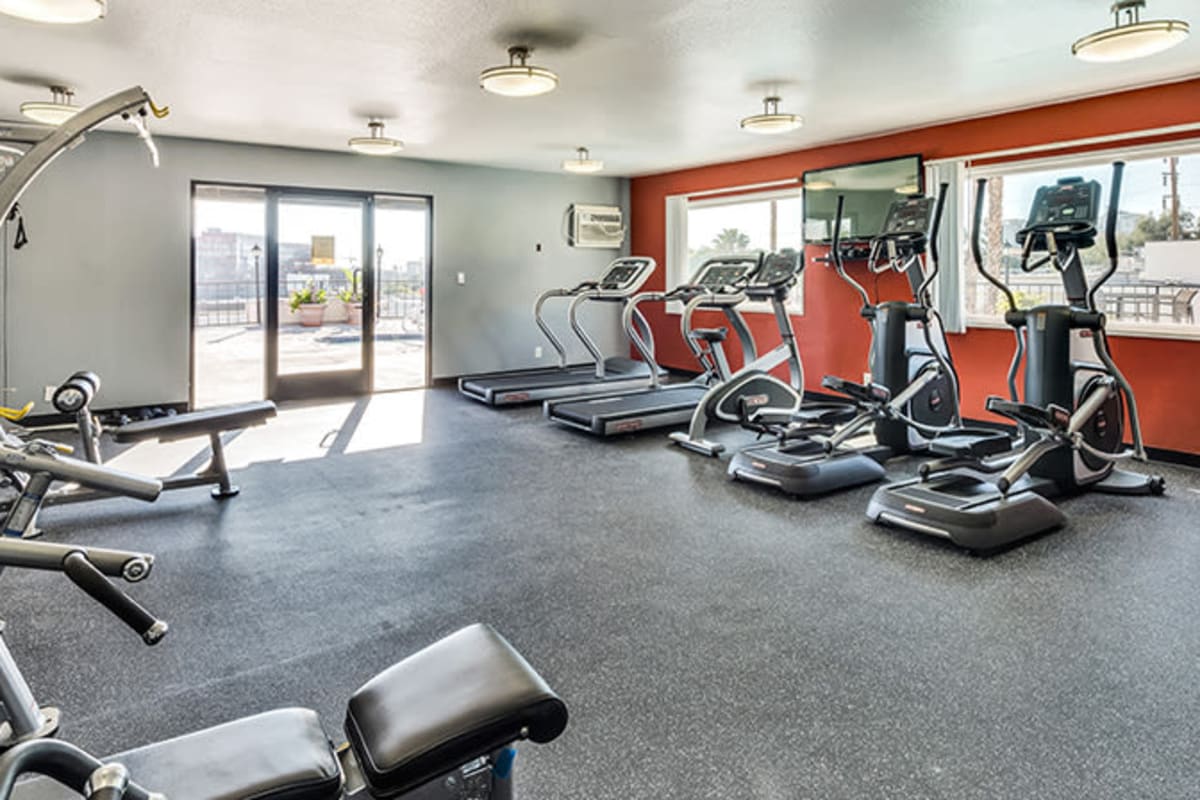 Resident gym at Villa Francisca in West Hollywood, California