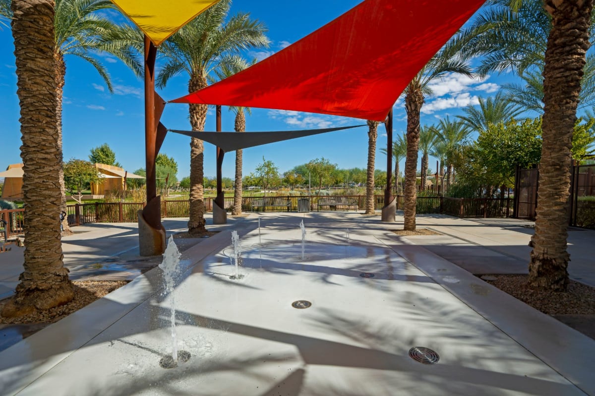 Shaded splash pad at The Reserve at Eastmark in Mesa, Arizona