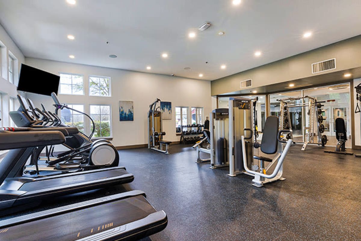 Well equipped fitness center at The Retreat at Bothell in Bothell, Washington