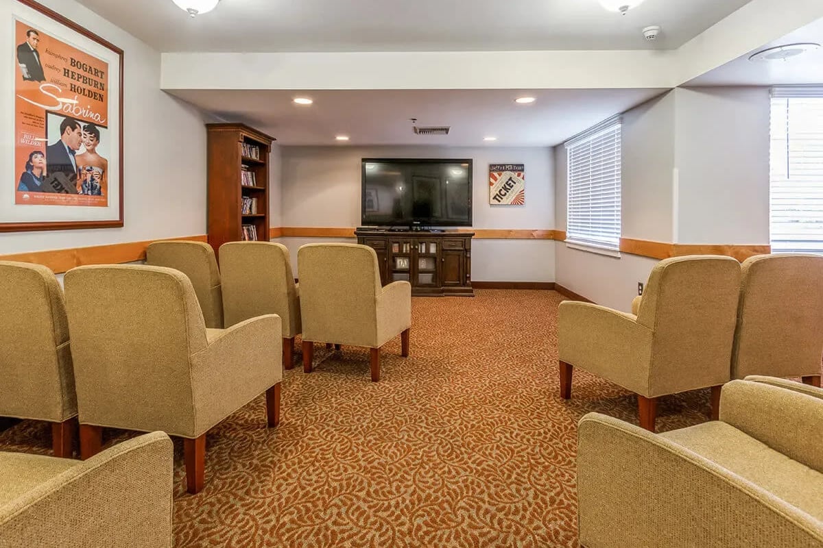 Resident movie theatre room at Trustwell Living at Rock Run Place in Joliet, Illinois