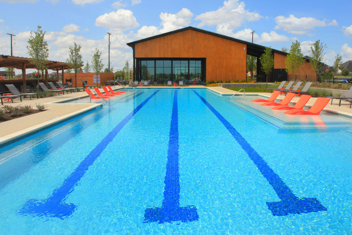 Large swimming pool at BB Living Harvest in Argyle, Texas