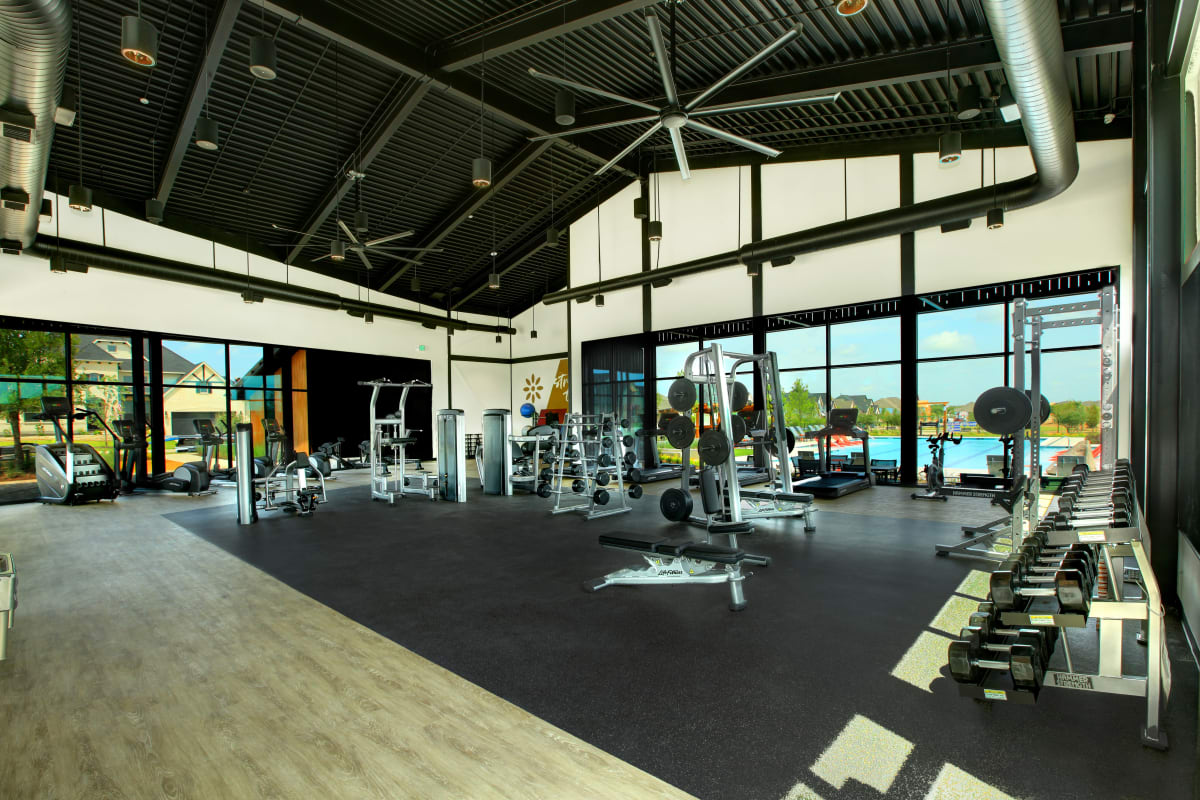Upscale resident gym at BB Living Harvest in Argyle, Texas