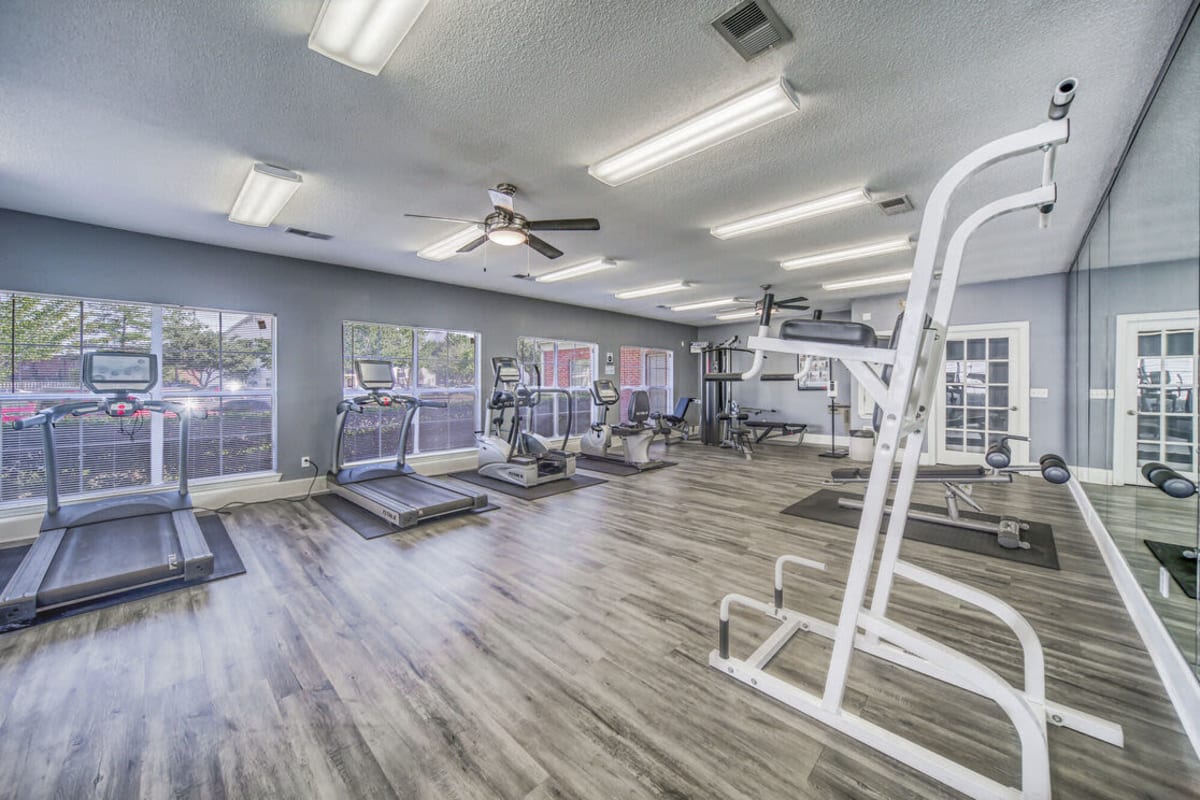 Fitness center with benches at The Landings at Houston Levee in Cordova, Tennessee