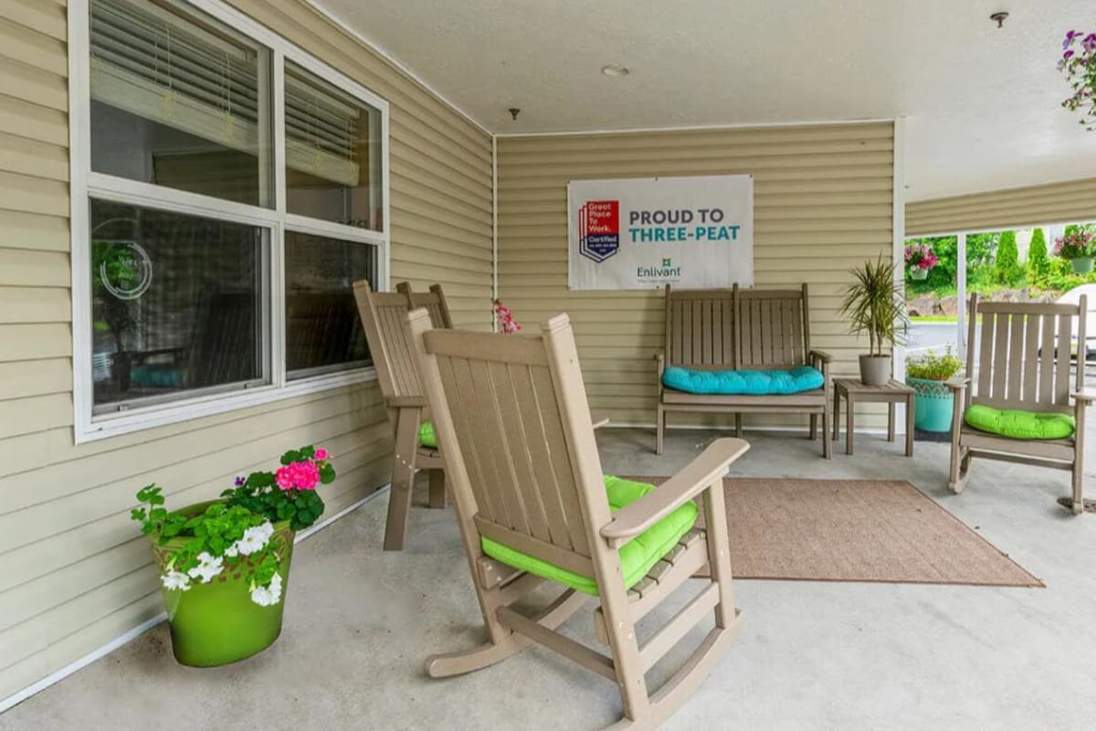 Rocking chairs on patio at Trustwell Living at Kent Place in Camas, Washington