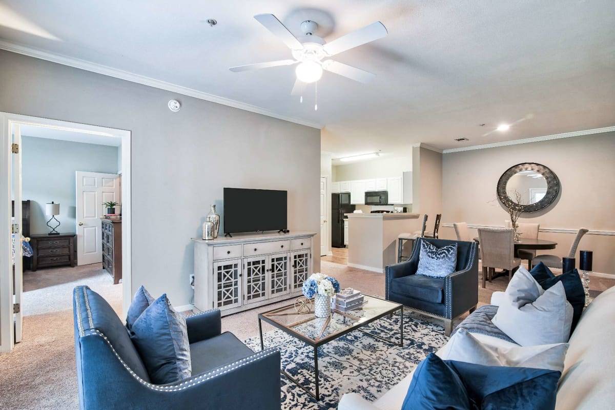 Resident living space with ceiling fan at Cypress Lake in Baton Rouge, Louisiana
