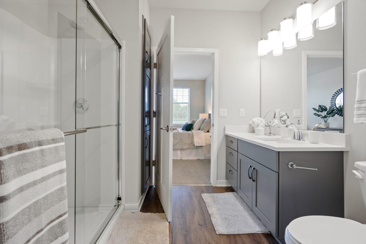 Hotel style apartment bathroom at Seasons at North Aurora in North Aurora, Illinois