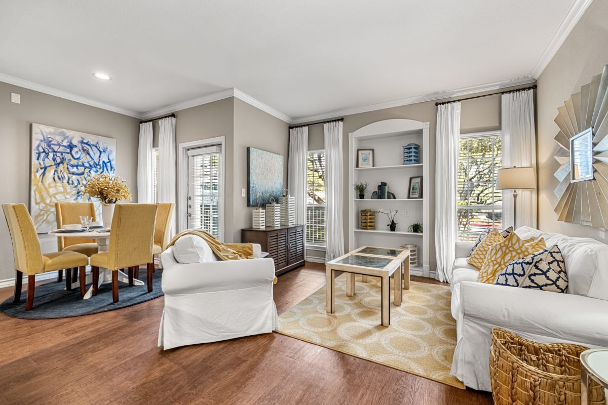 Well decorated living room at Marquis at Deerfield in San Antonio, Texas