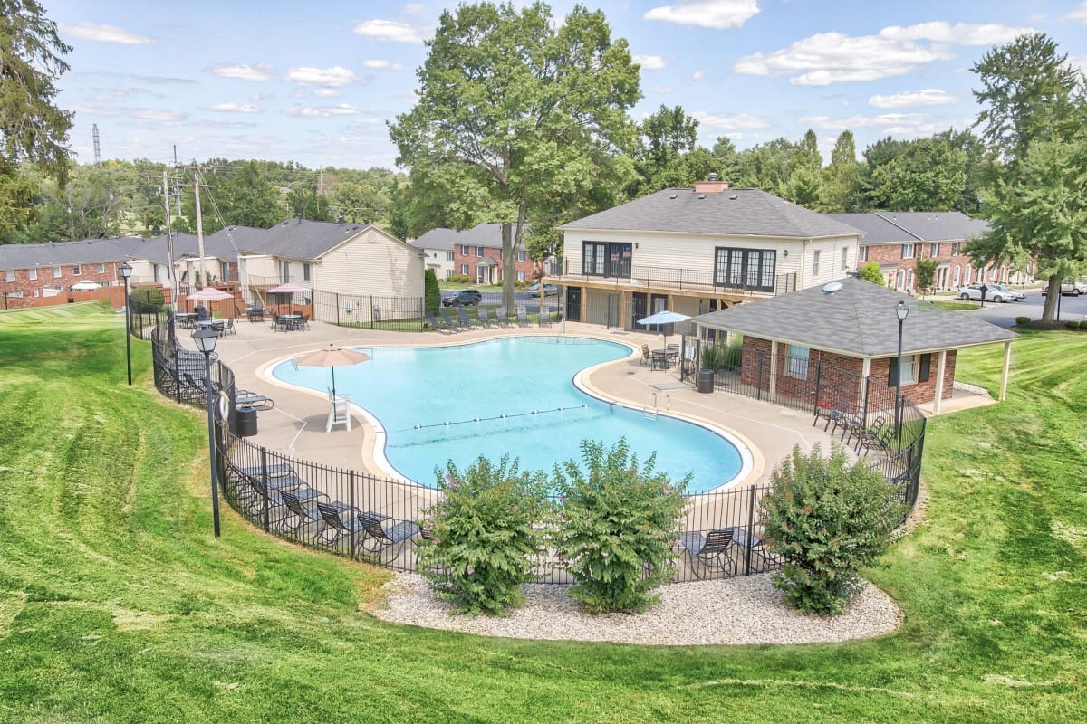 Overhead view of the community pool and clubhouse at Charlestown of Douglass Hills in Louisville, Kentucky