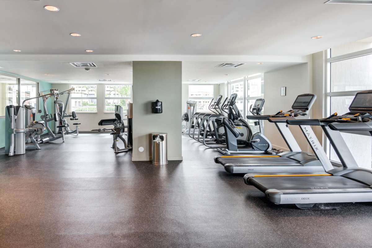 Large resident fitness center at 109 Tower in Miami, Florida