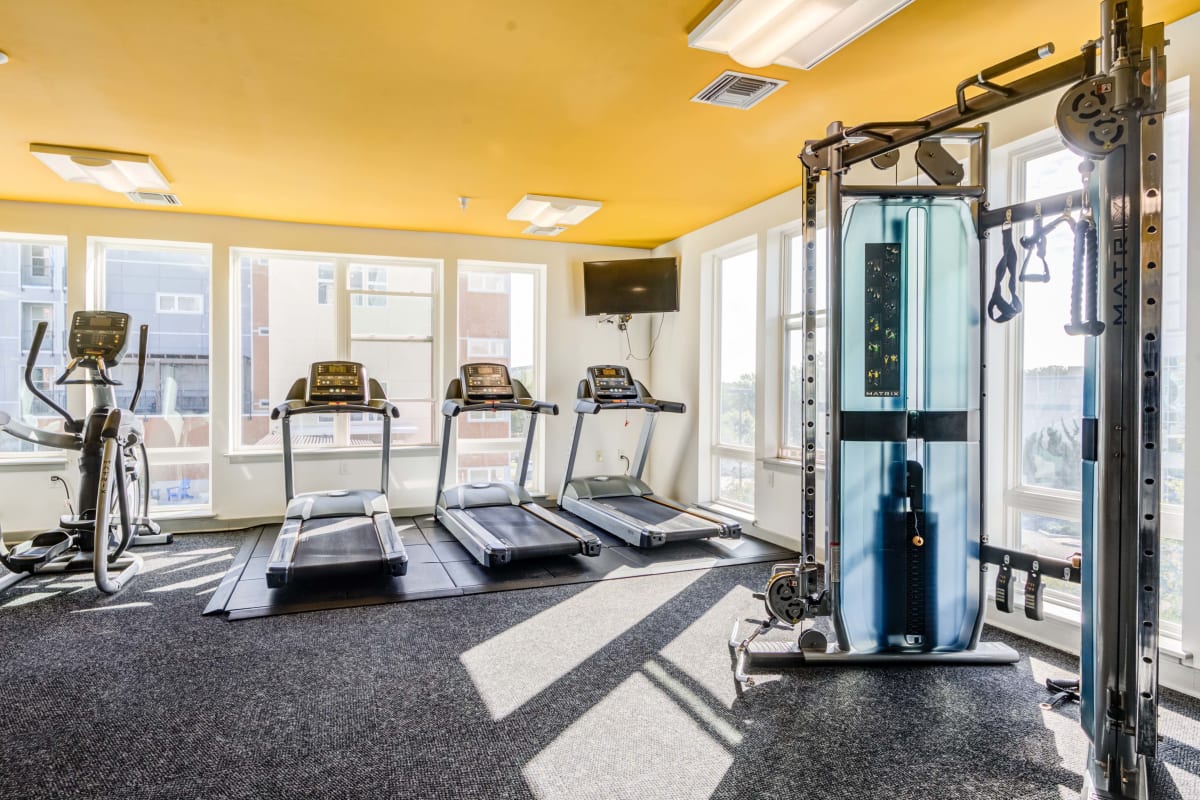 Free weights and other fitness equipment at Indigo 19 in Virginia Beach, Virginia