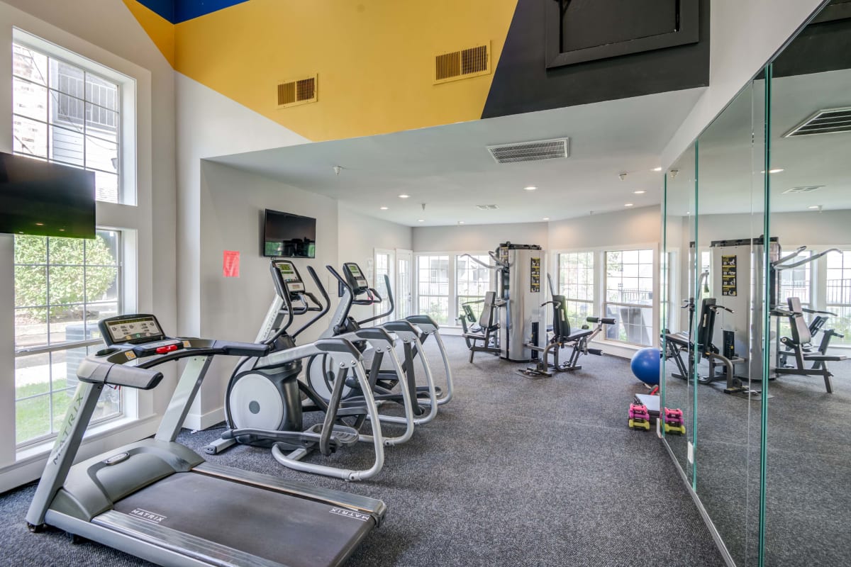 Exercise stations and equipment in the fitness center at The Views at Laurel Lakes in Laurel, Maryland