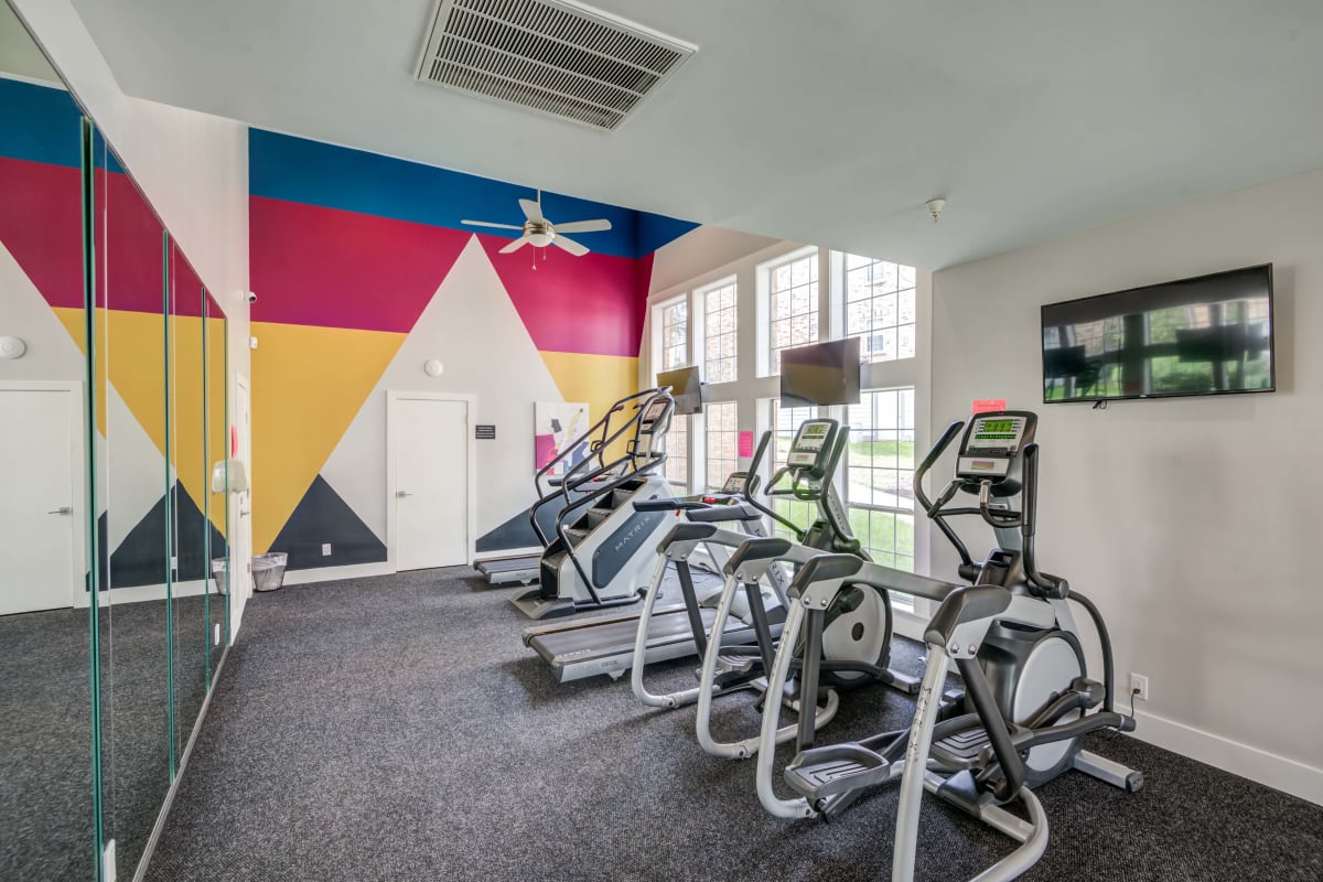 Variety of exercise equipment in the fitness center at The Views at Laurel Lakes in Laurel, Maryland that features ample natural light