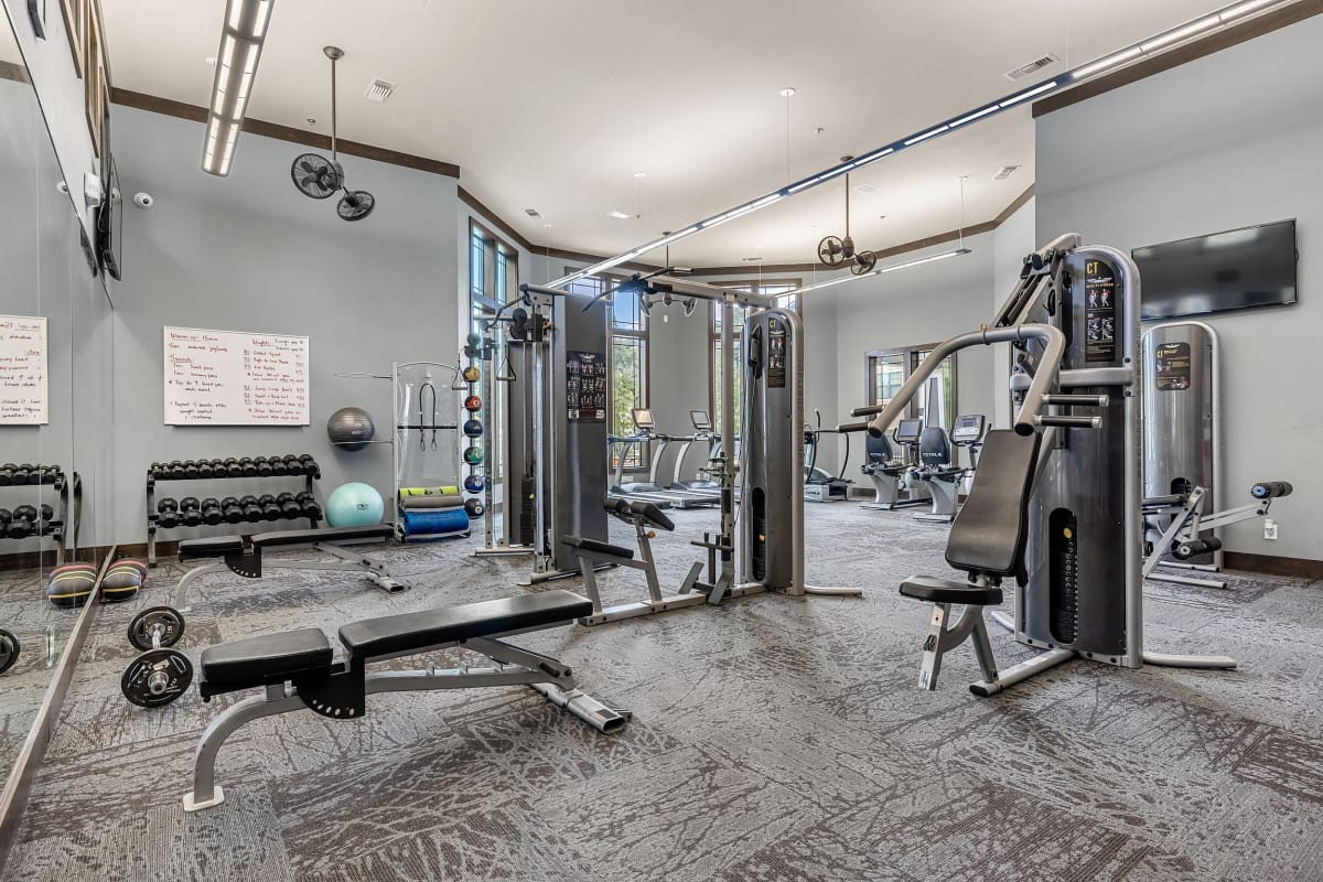 Treadmills in a bright fitness center at Marquis on Lakeline in Cedar Park, Texas