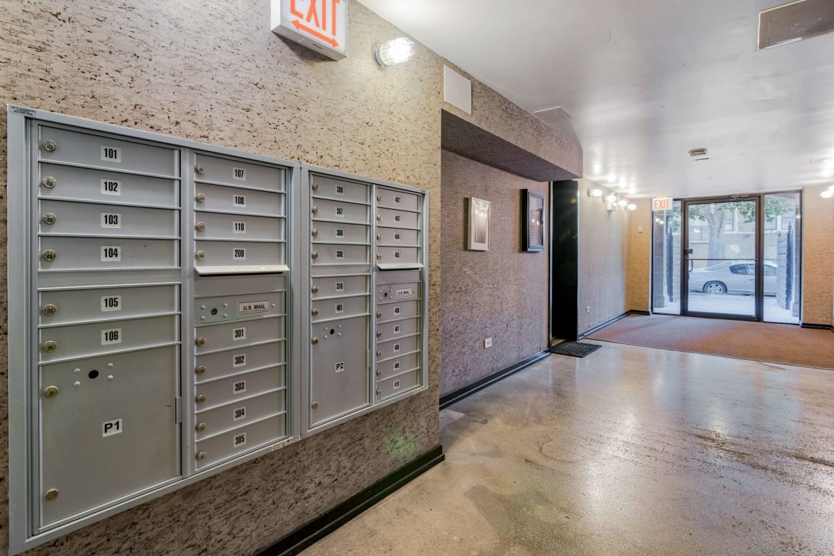 Indoor mailboxes at The Maynard at 5051 N Kenmore in Chicago, Illinois