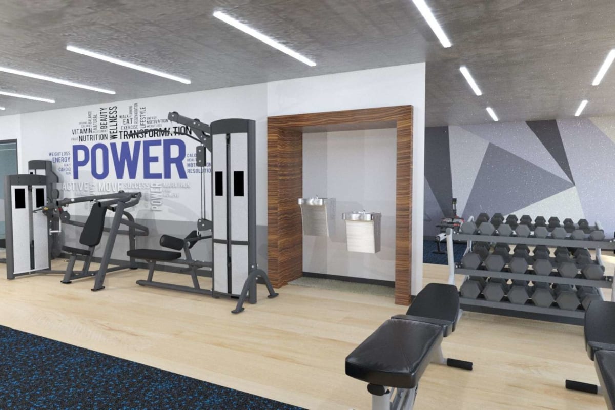 Fitness center with free-weights at The Maynard at 5115 N Sheridan in Chicago, Illinois