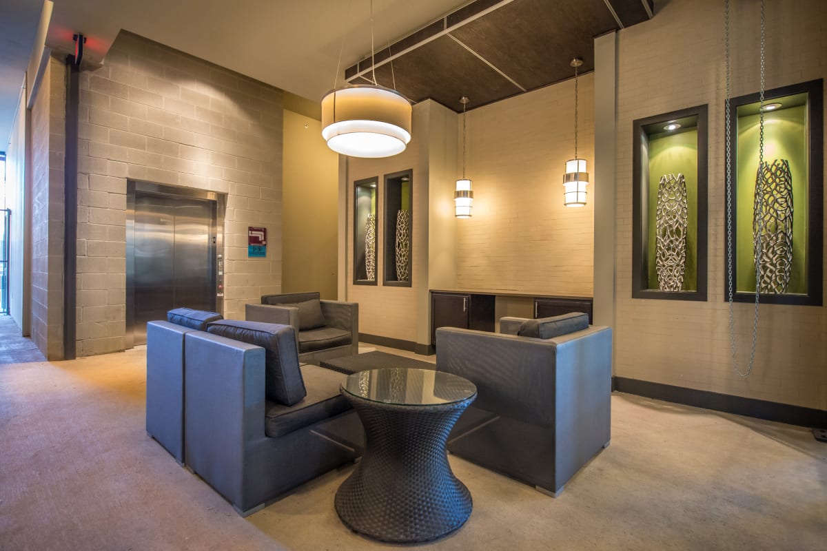 Clubhouse lounge with art deco furnishings at 33 North in Denton, Texas