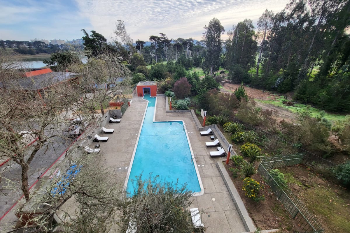Large swimming pool at Lakewood Apartments at Lake Merced in San Francisco, California