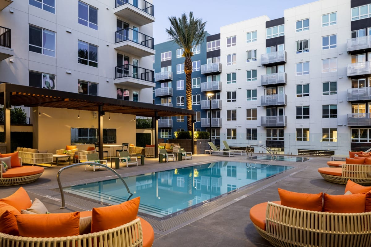 Resort style saltwater pool sundeck cabana at Margo at the Society in San Diego, California
