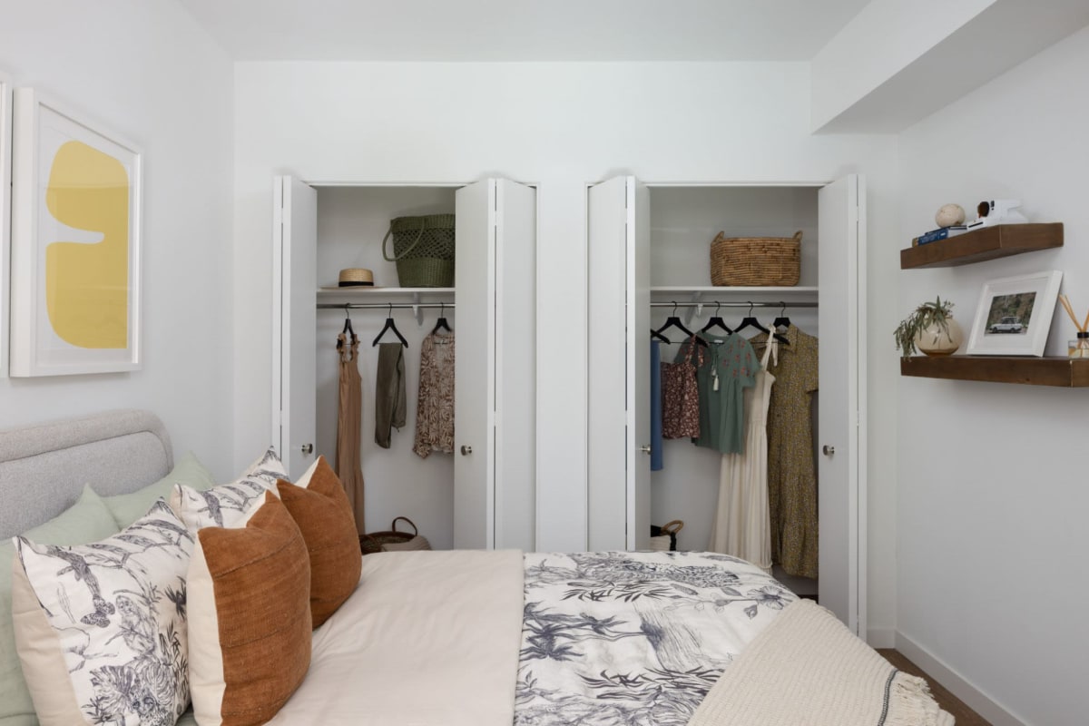 Bedroom with large closet at Margo at the Society in San Diego, California