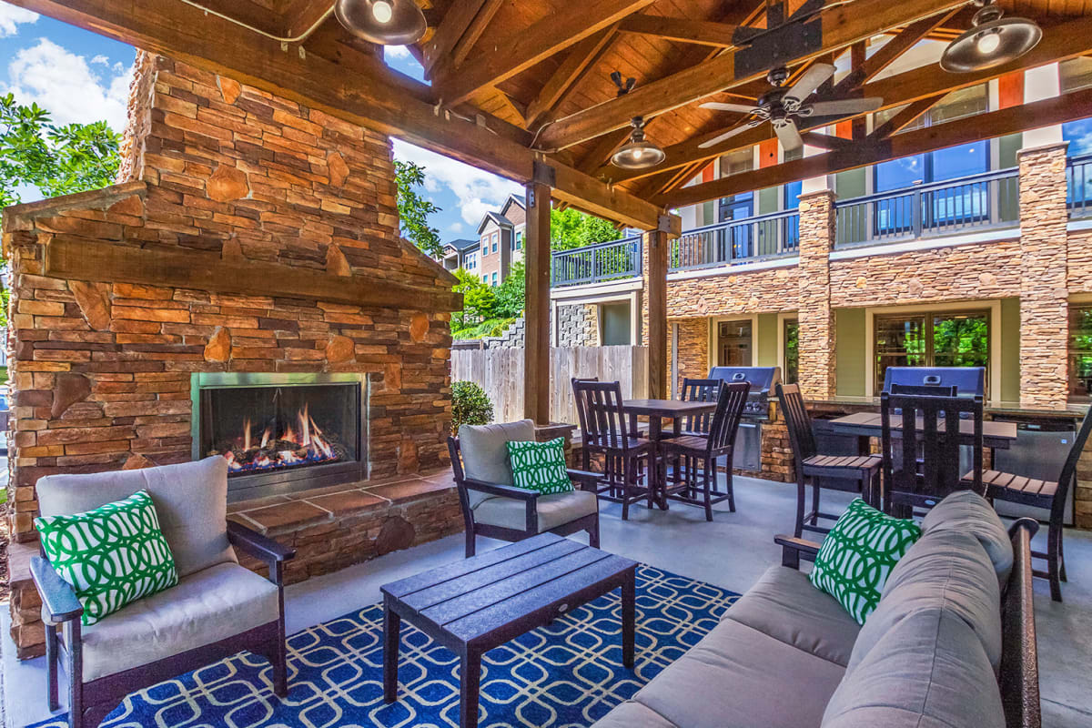 Luxurious outdoor lounge chairs and pavilion at Audubon Place in Arden, North Carolina