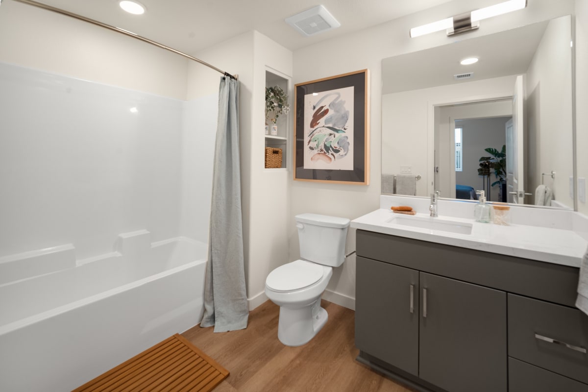 Bathroom in a one-bedroom apartment at The Villas at Anacapa Canyon in Camarillo, California