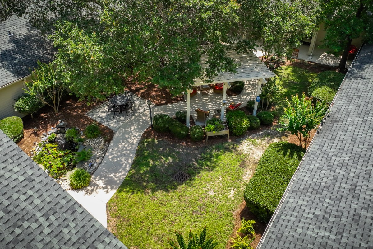 Aerial view of the community gazebo at Village Cove Assisted Living in Hilton Head Island, South Carolina