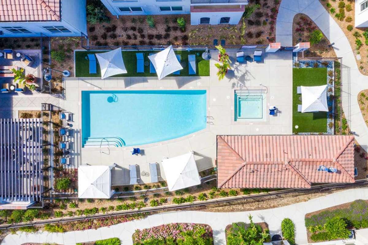 Aerial view swimming pool at Ageno Apartments in Livermore, California