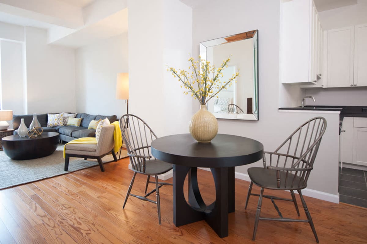 Living room and dining area in an apartment at Eleven80 in Newark, New Jersey