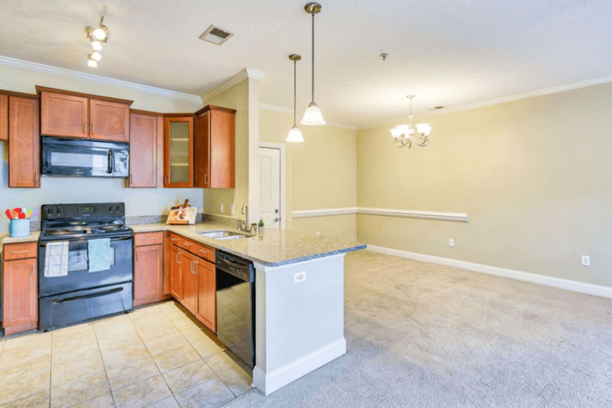 Apartment kitchen and dining area at The Lofts At Reynolds Village in Asheville, North Carolina