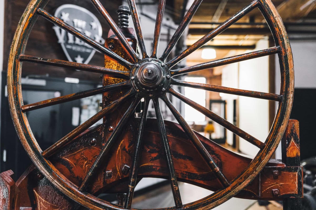 Wagon wheel in the Marathon Motor Works museum at The Scottie in Nashville, Tennessee