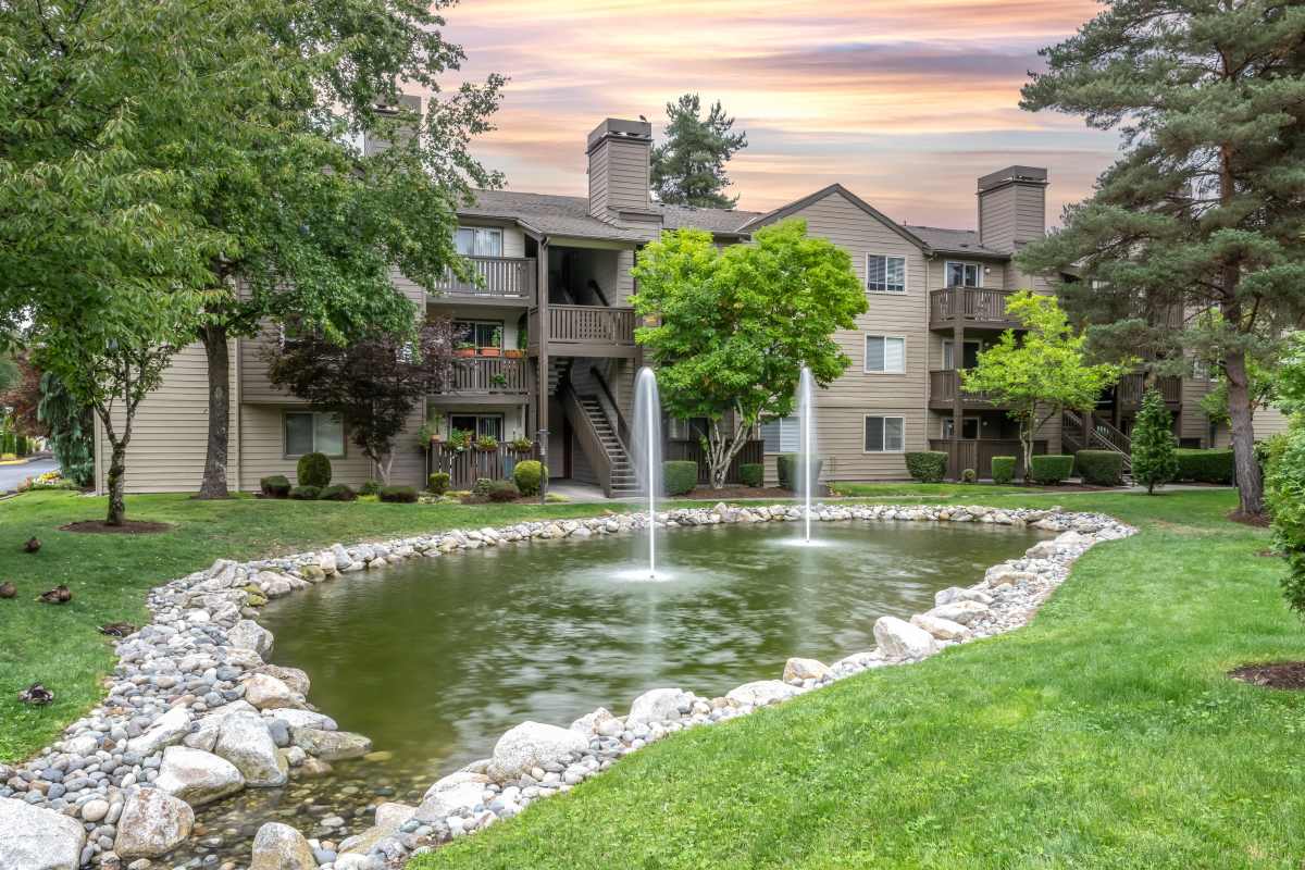 Community water fountain at Campbell Run Apartments in Woodinville, Washington