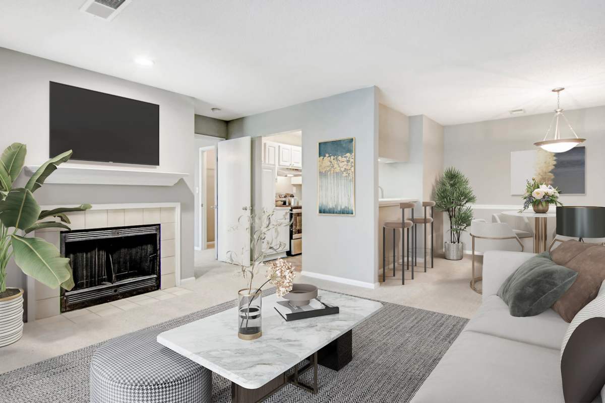 Spacious model apartment with fireplace at Brook Valley Apartment Homes, Douglasville, Georgia