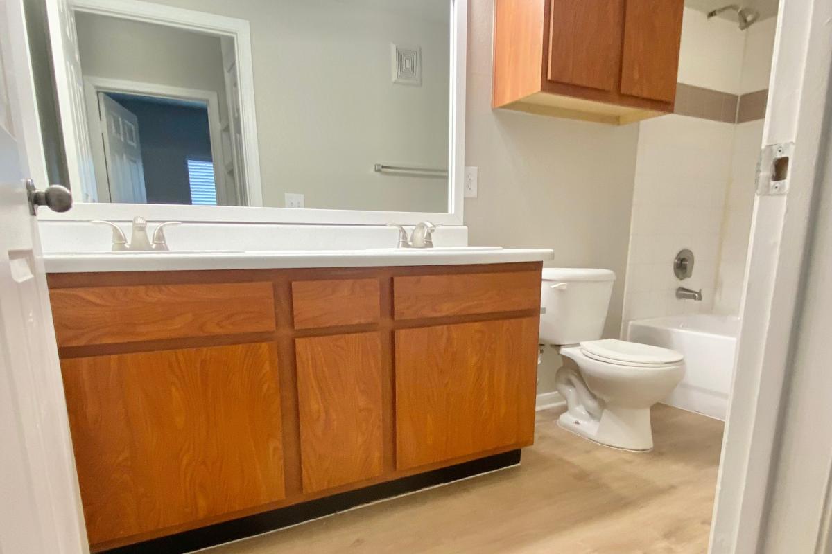 Apartment bathroom at Vistas of Vance Jackson Apartments in San Antonio, Texas