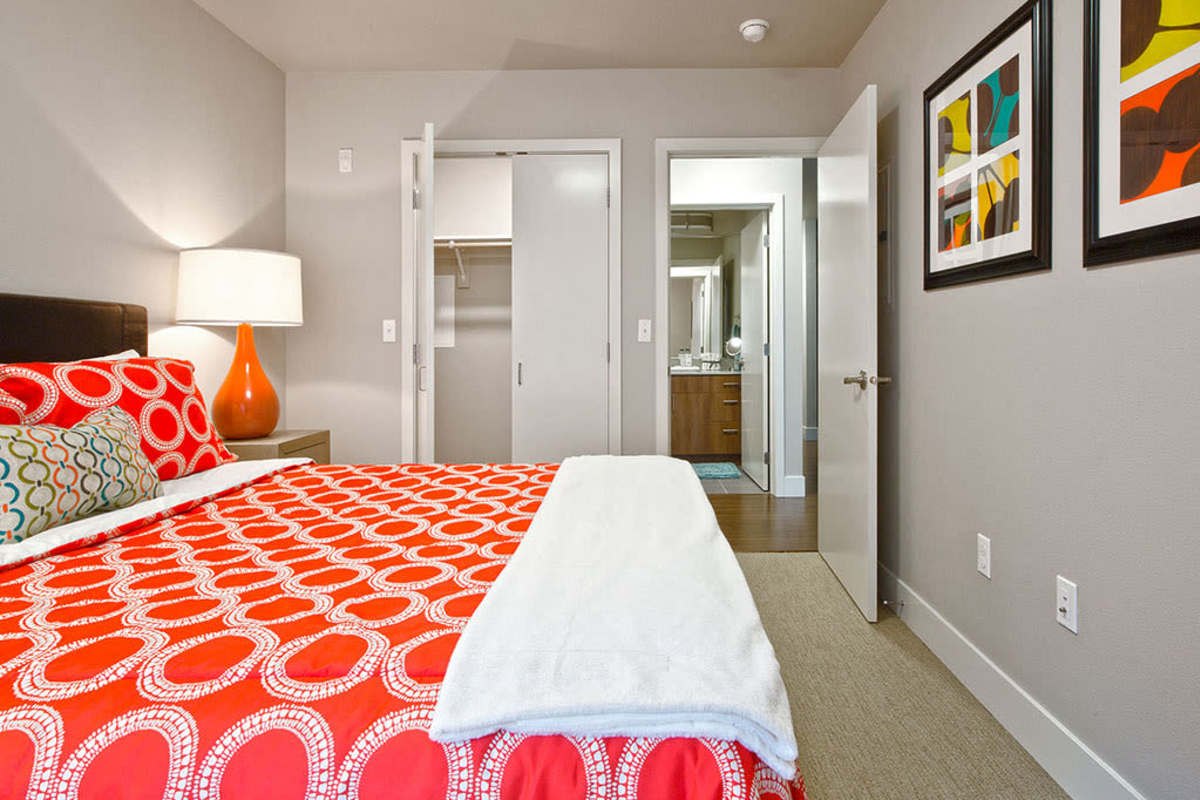 Cozy bedroom at Astro Apartments in Seattle, Washington